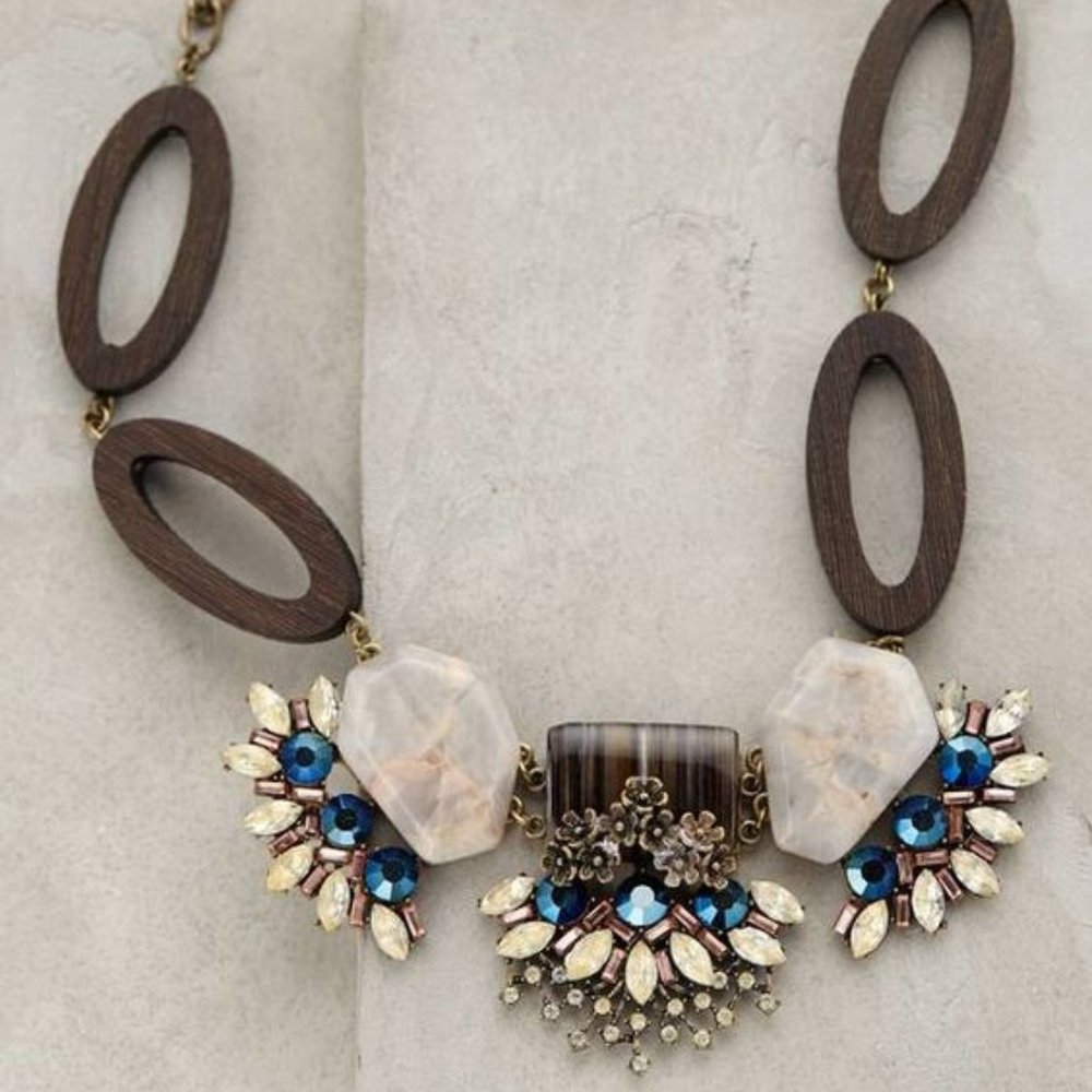 Anthropologie Wood and Crystal Bib Necklace